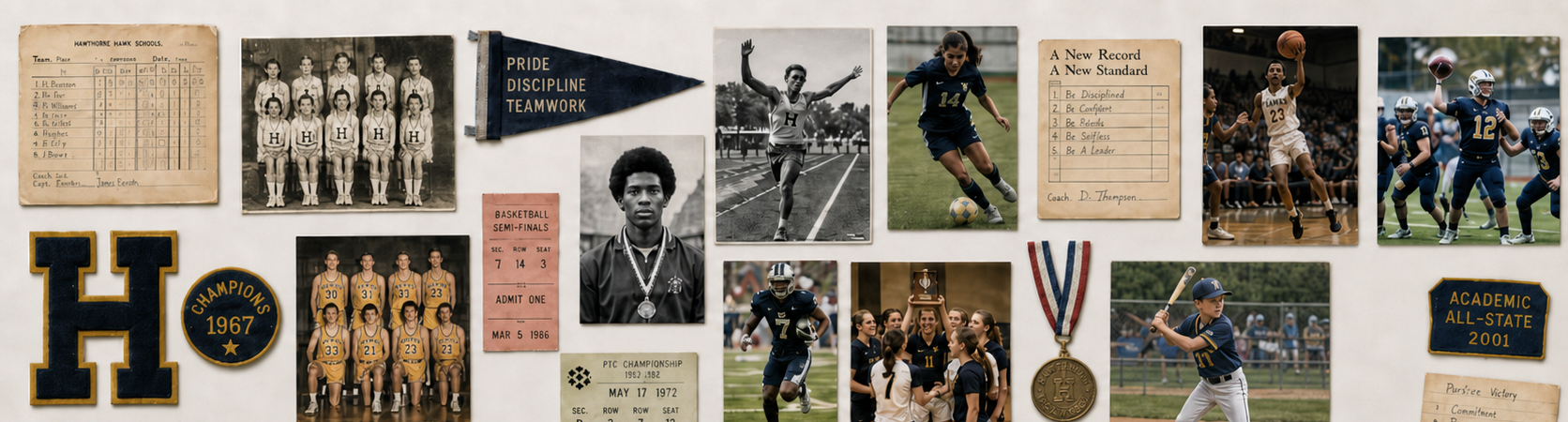 A collage of vintage and modern high school sports memorabilia
